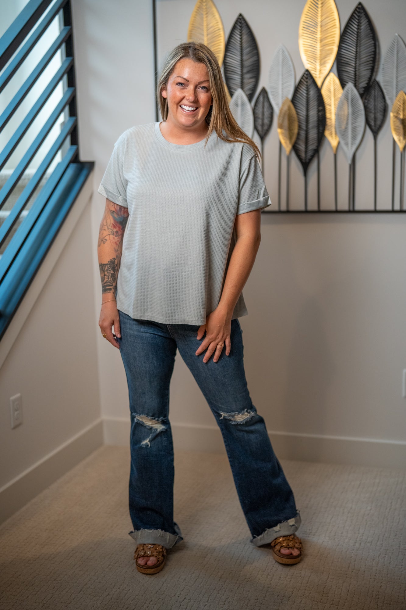 Short Sleeve Two-Tone Thermal Top - Buttercup Lynne Boutique