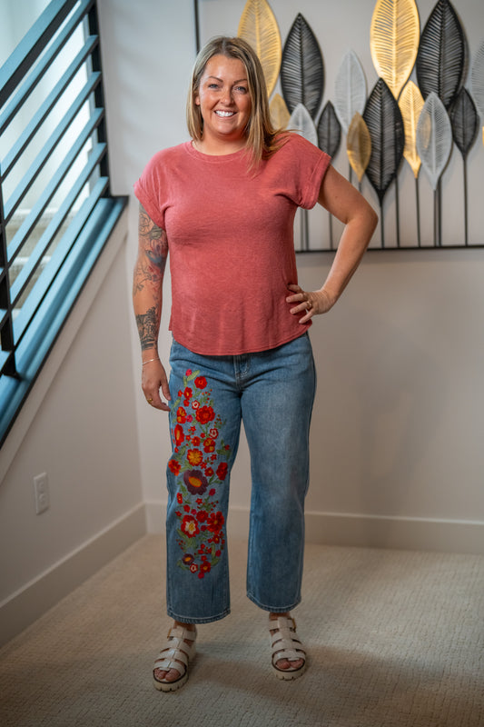 Oli & Hali Washed Flower Embroidery Denim Jeans - Buttercup Lynne Boutique