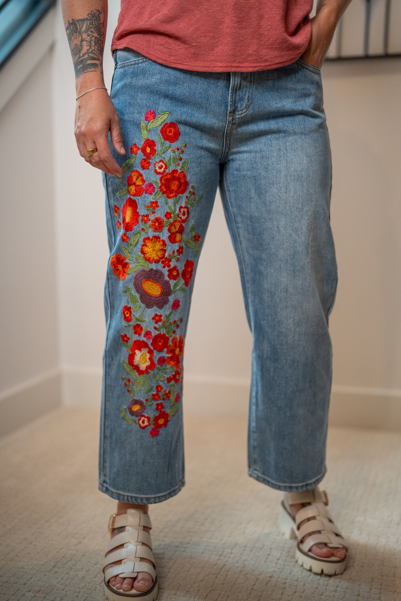 Oli & Hali Washed Flower Embroidery Denim Jeans - Buttercup Lynne Boutique