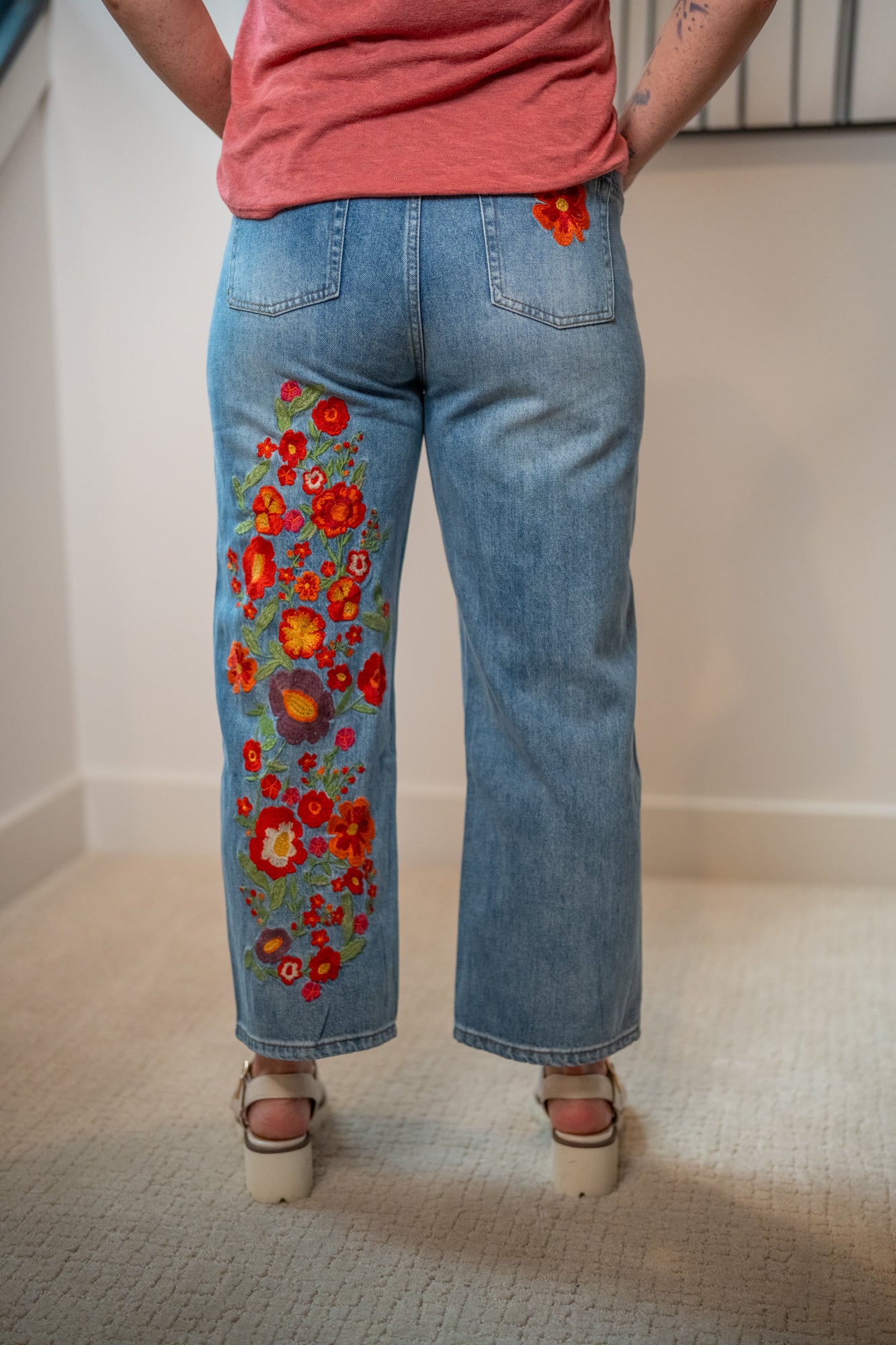 Oli & Hali Washed Flower Embroidery Denim Jeans - Buttercup Lynne Boutique