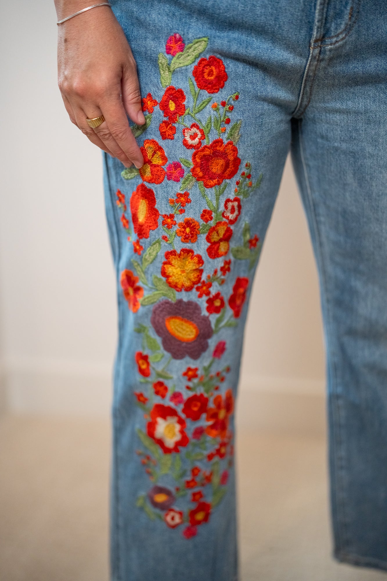Oli & Hali Washed Flower Embroidery Denim Jeans - Buttercup Lynne Boutique