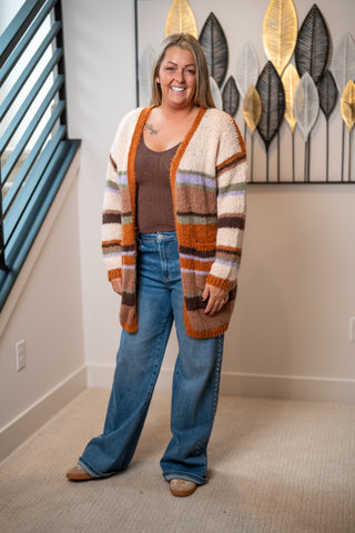 Boho multi-stripe open front cardigan in rust, cream, lavender, and brown