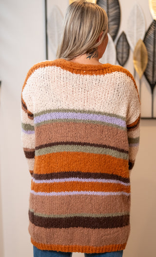 Boho multi-stripe open front cardigan in rust, mauve, olive, lavender, and brown