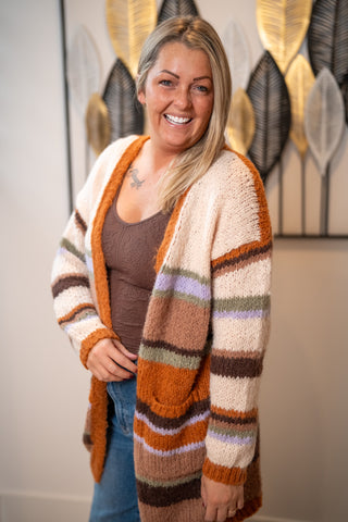 Boho multi-stripe open front knit cardigan in rust, cream, brown, and lavender