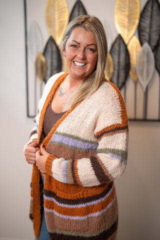 Boho multi-stripe open front cardigan in rust, cream, brown, and lavender knit