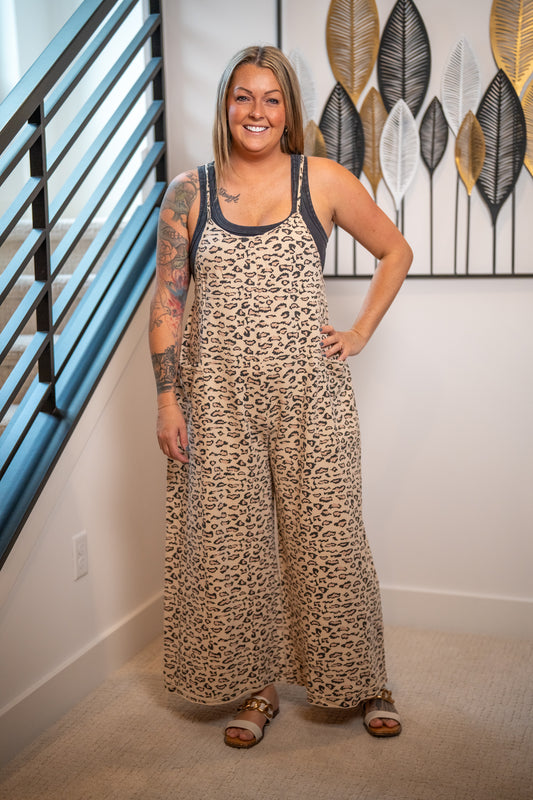 Easel Leopard Terry Jumpsuit – Relaxed Fit, Mineral Washed Cotton - Buttercup Lynne Boutique