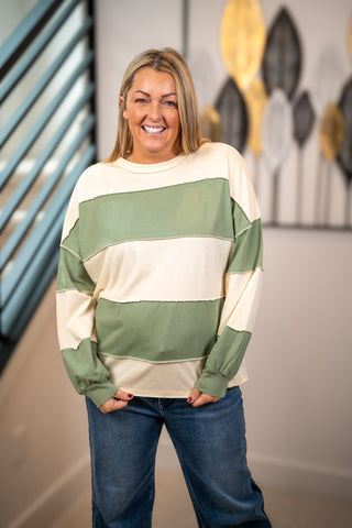 Oversized cream and sage green striped long sleeve pullover sweatshirt