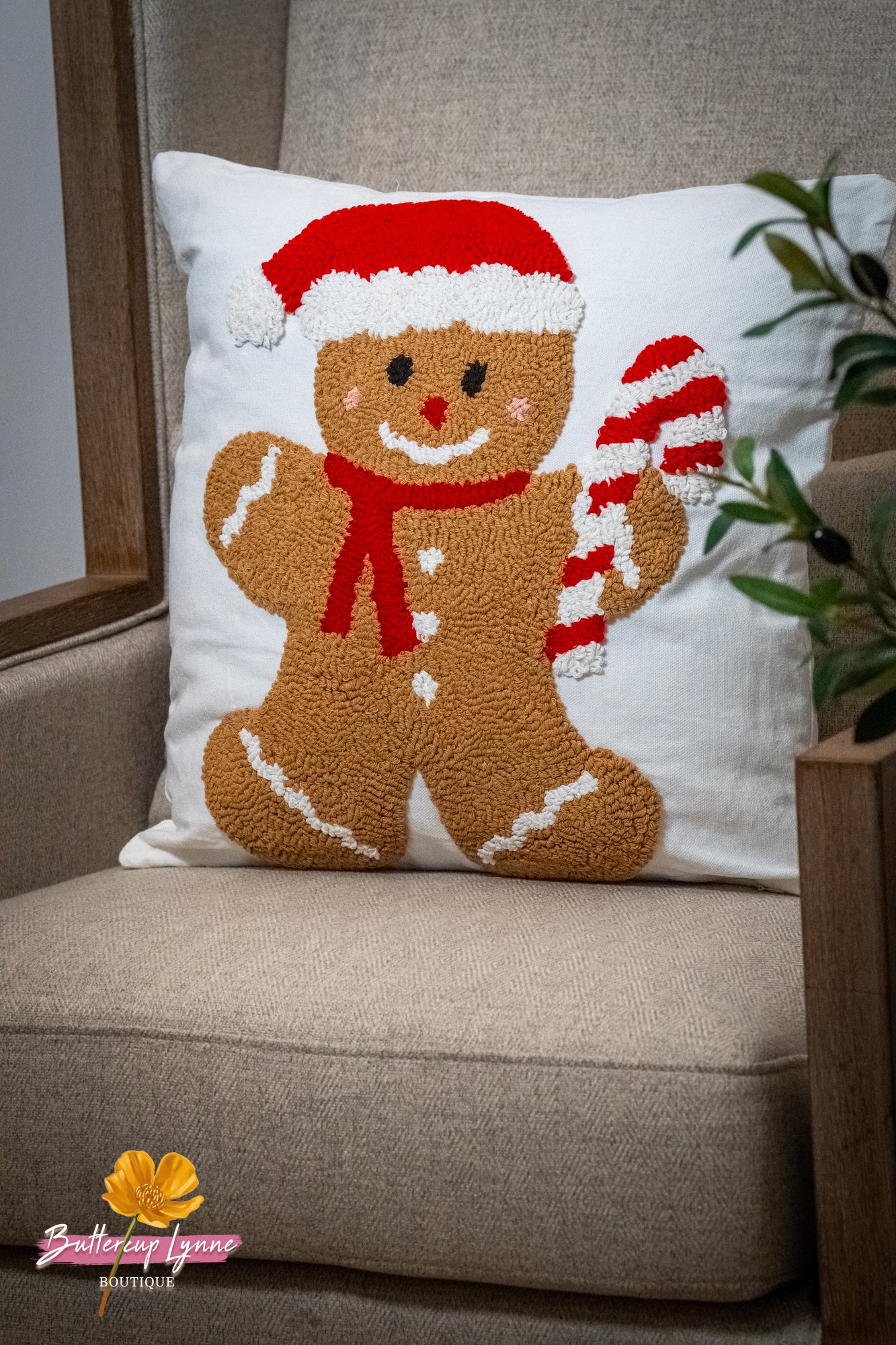 Candy Cane Gingerbread Santa Hooked Pillow - Buttercup Lynne Boutique