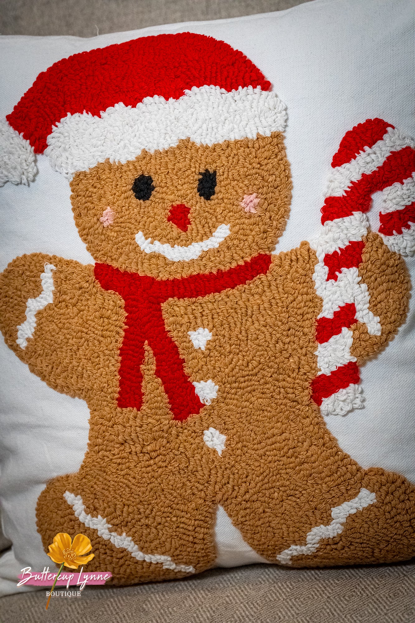 Candy Cane Gingerbread Santa Hooked Pillow - Buttercup Lynne Boutique