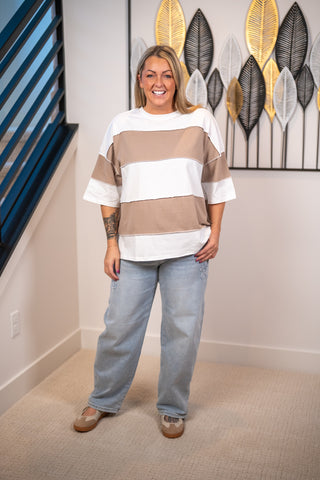 AEMI + CO oversized color block tee in white and taupe wide stripes