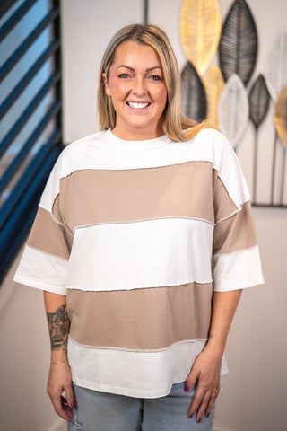 AEMI + CO white and taupe color block oversized short sleeve tee