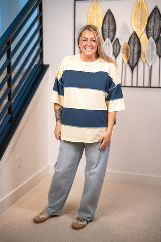 AEMI + CO cream and navy blue color block oversized striped short sleeve tee