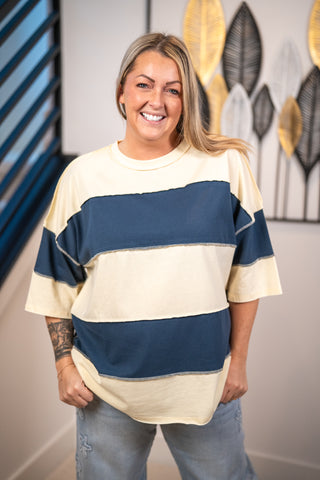 Cream and navy blue striped oversized short sleeve color block tee