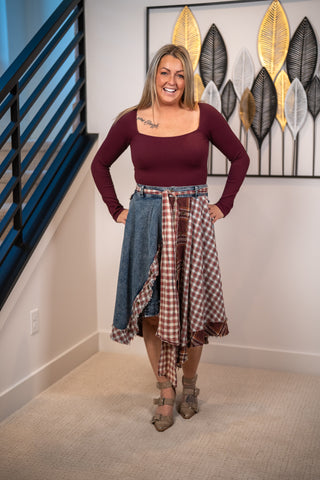 Oli & Hali Gypsy Road Plaid Denim Skirt with mineral-washed denim, mixed plaid panels, raw edges, and asymmetrical hem