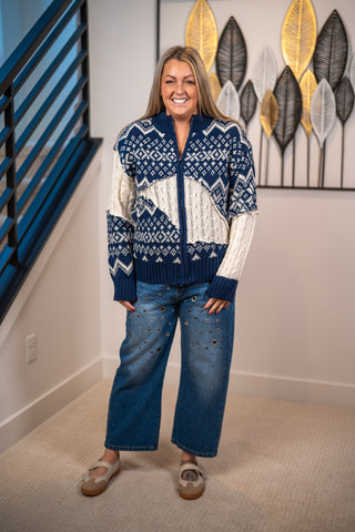 Navy and cream Fair Isle full-zip knit sweater with cable-knit sleeves