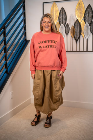 Khaki tan parachute maxi cargo skirt with voluminous silhouette and side pockets