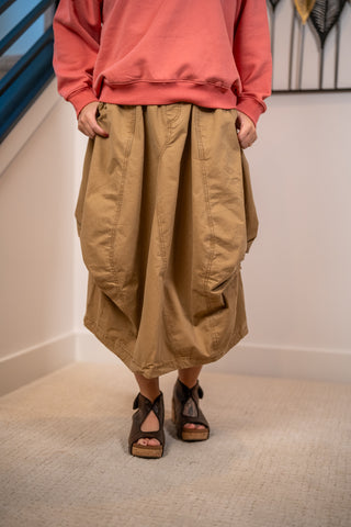 Khaki tan parachute maxi cargo skirt with draped pleats and large pockets
