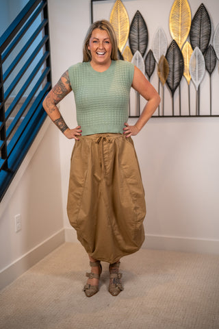 Khaki tan parachute maxi cargo skirt with drawstring waist and balloon silhouette