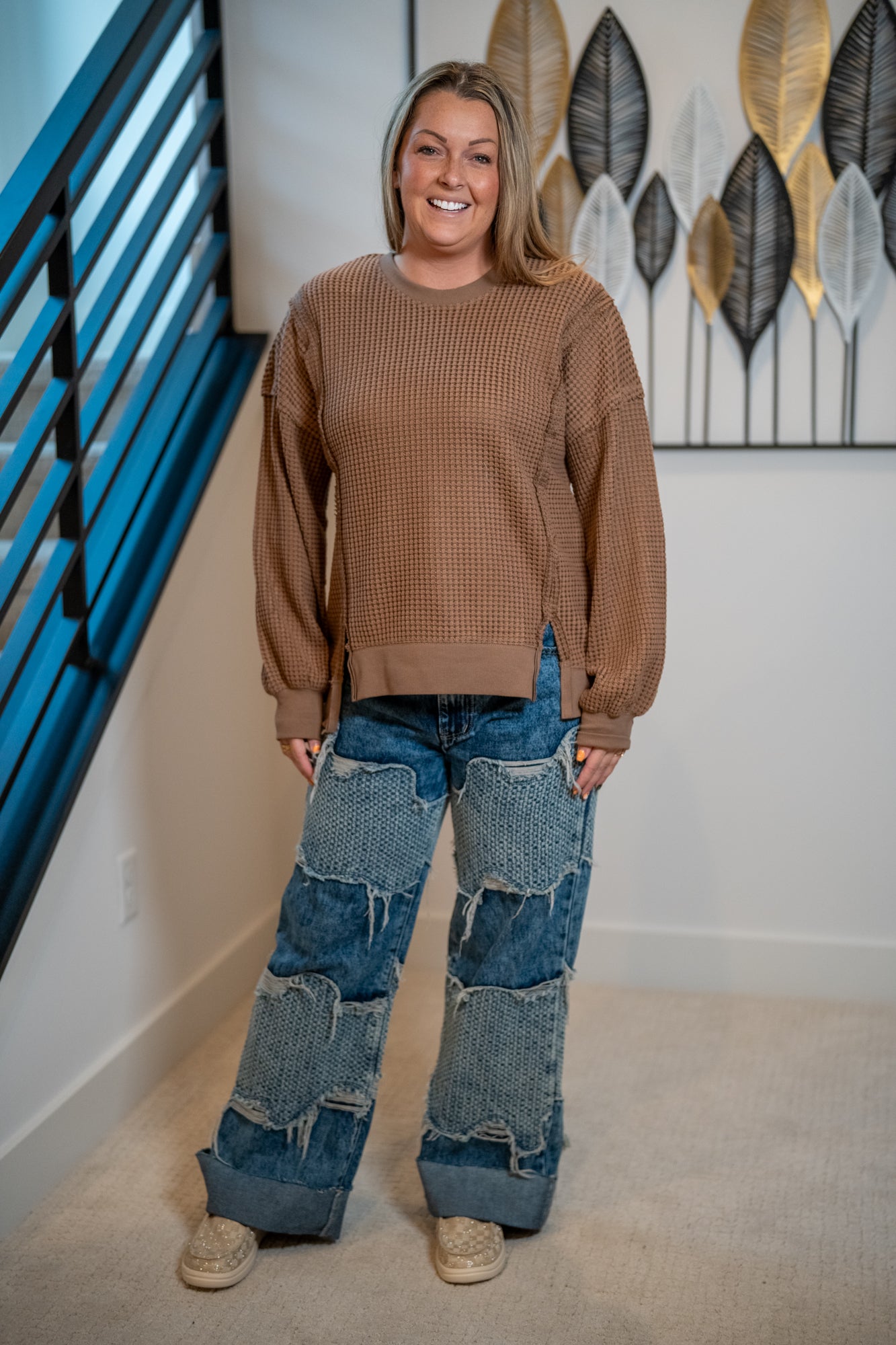 Oversized Mocha Waffle Knit Casual Top