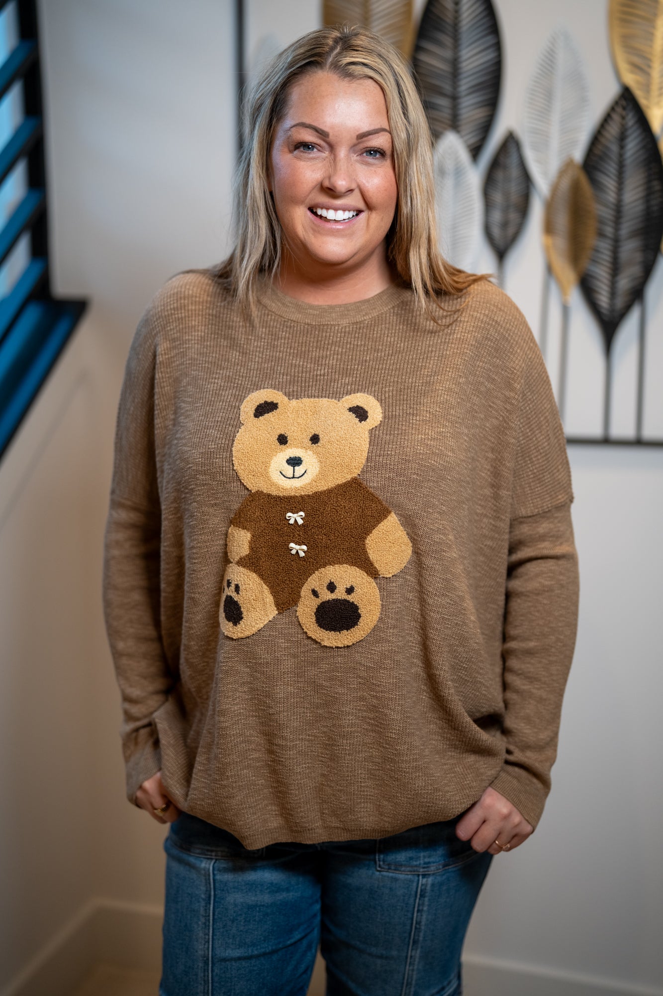 Easel Teddy Bear Patch Front Sweater - Buttercup Lynne Boutique