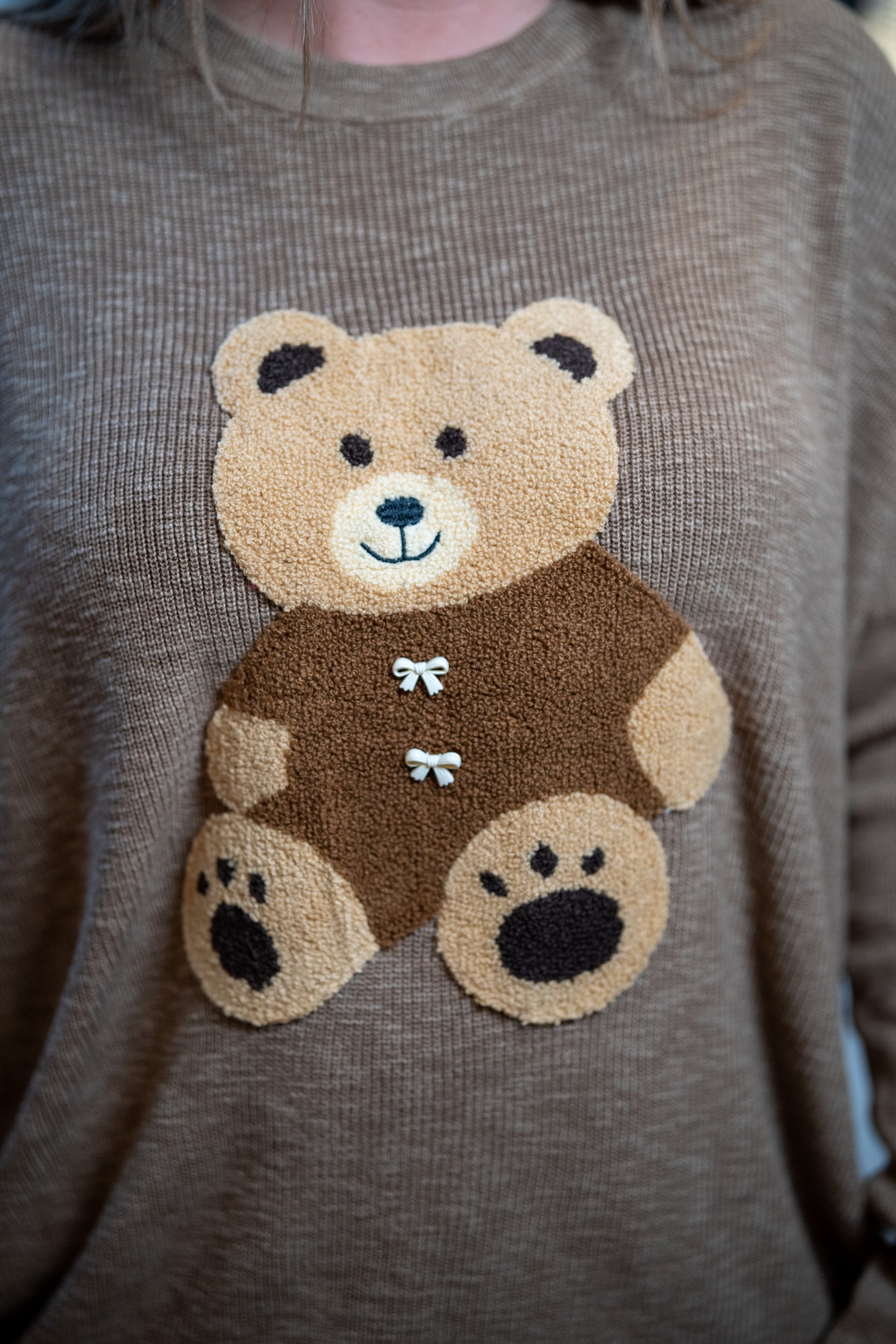 Easel Teddy Bear Patch Front Sweater - Buttercup Lynne Boutique