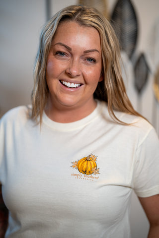 Cream Simply Southern Collection tee with pumpkin and autumn leaves graphic