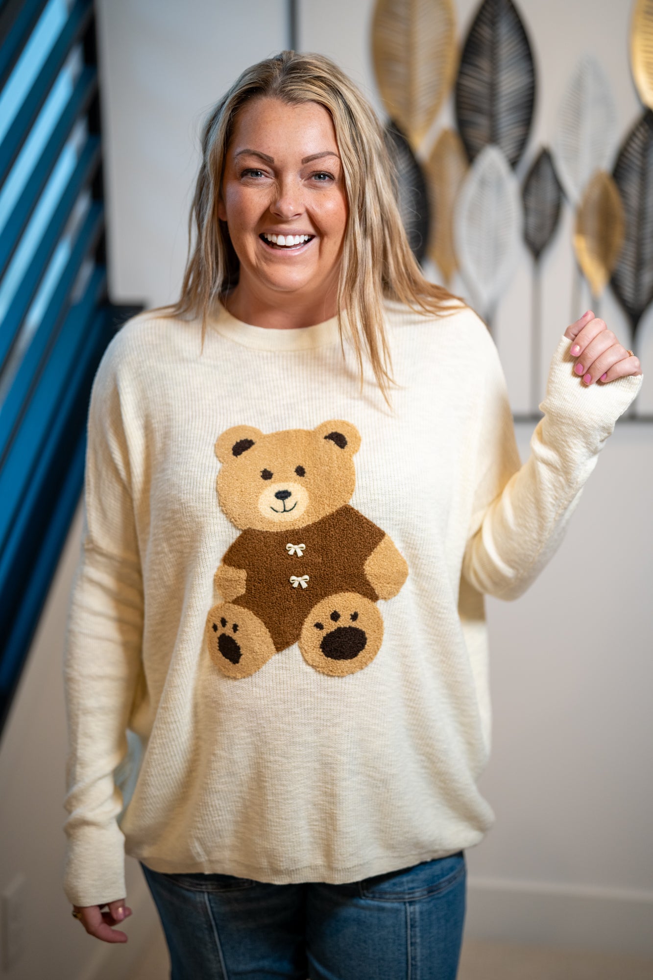 Easel Teddy Bear Patch Front Sweater - Buttercup Lynne Boutique