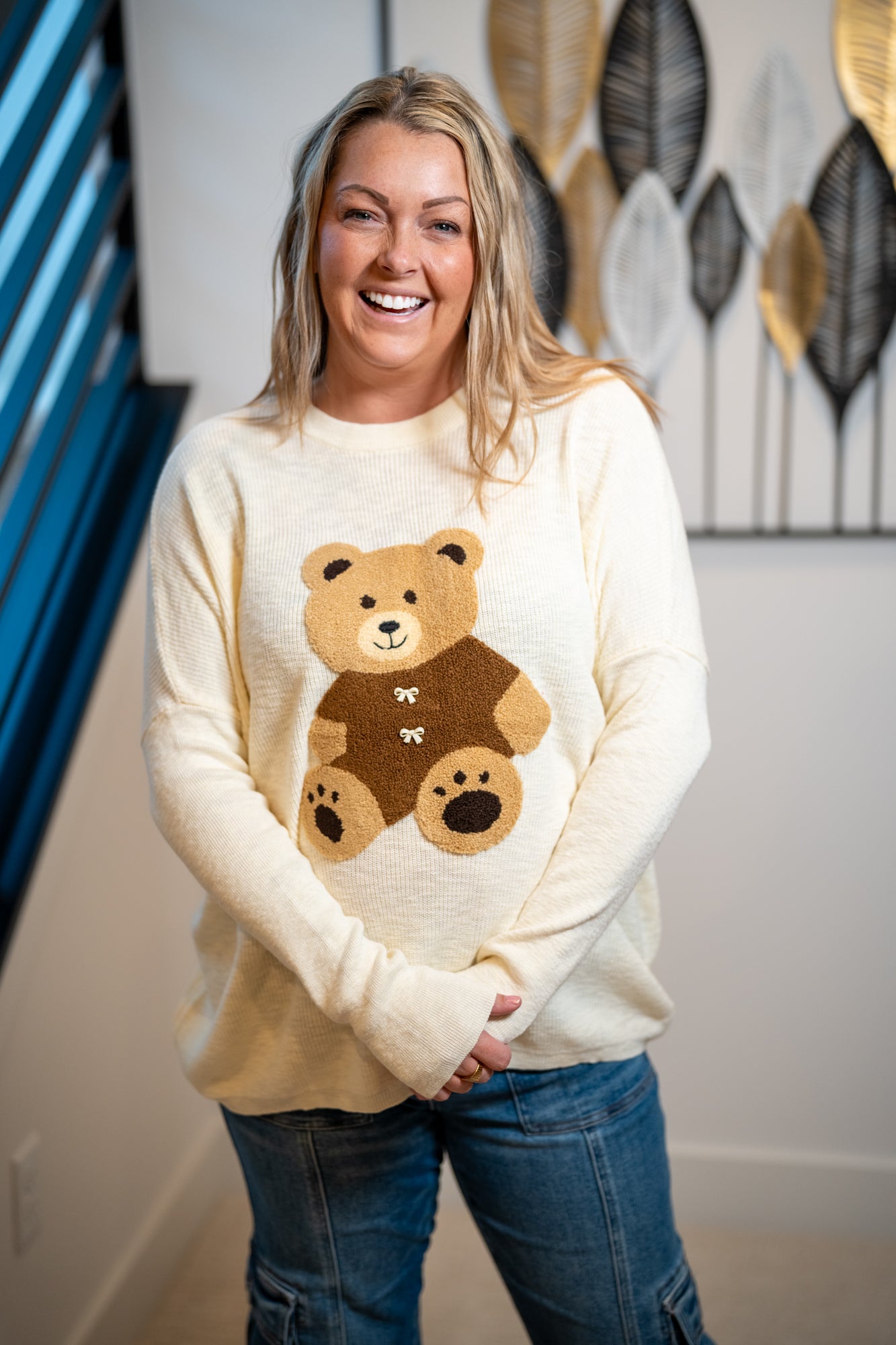 Easel Teddy Bear Patch Front Sweater - Buttercup Lynne Boutique