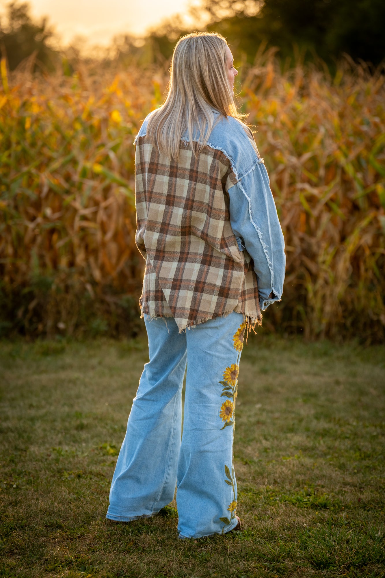 Oli & Hali - Washed Plaid Denim Mix Button Down Shacket