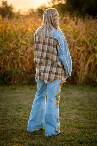 Oli & Hali - Washed Plaid Denim Mix Button Down Shacket