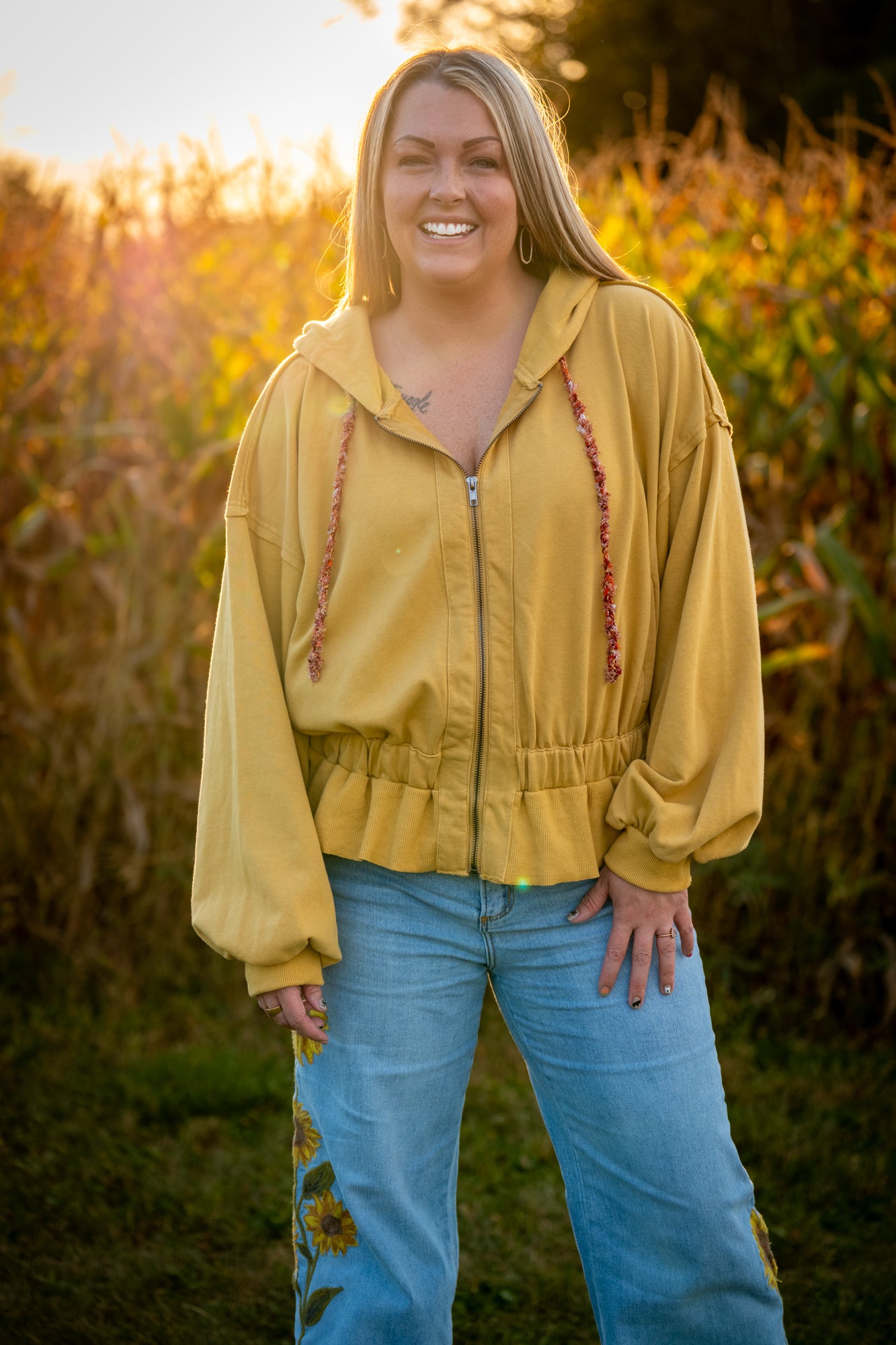 Oli & Hali Washed Zip-Up Hooded Oversized Jacket – Mustard