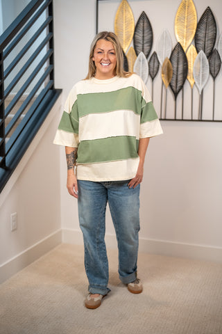 AEMI + CO cream and sage green wide stripe oversized short sleeve tee