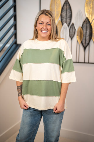 AEMI + CO oversized cream and sage green color block striped short sleeve tee