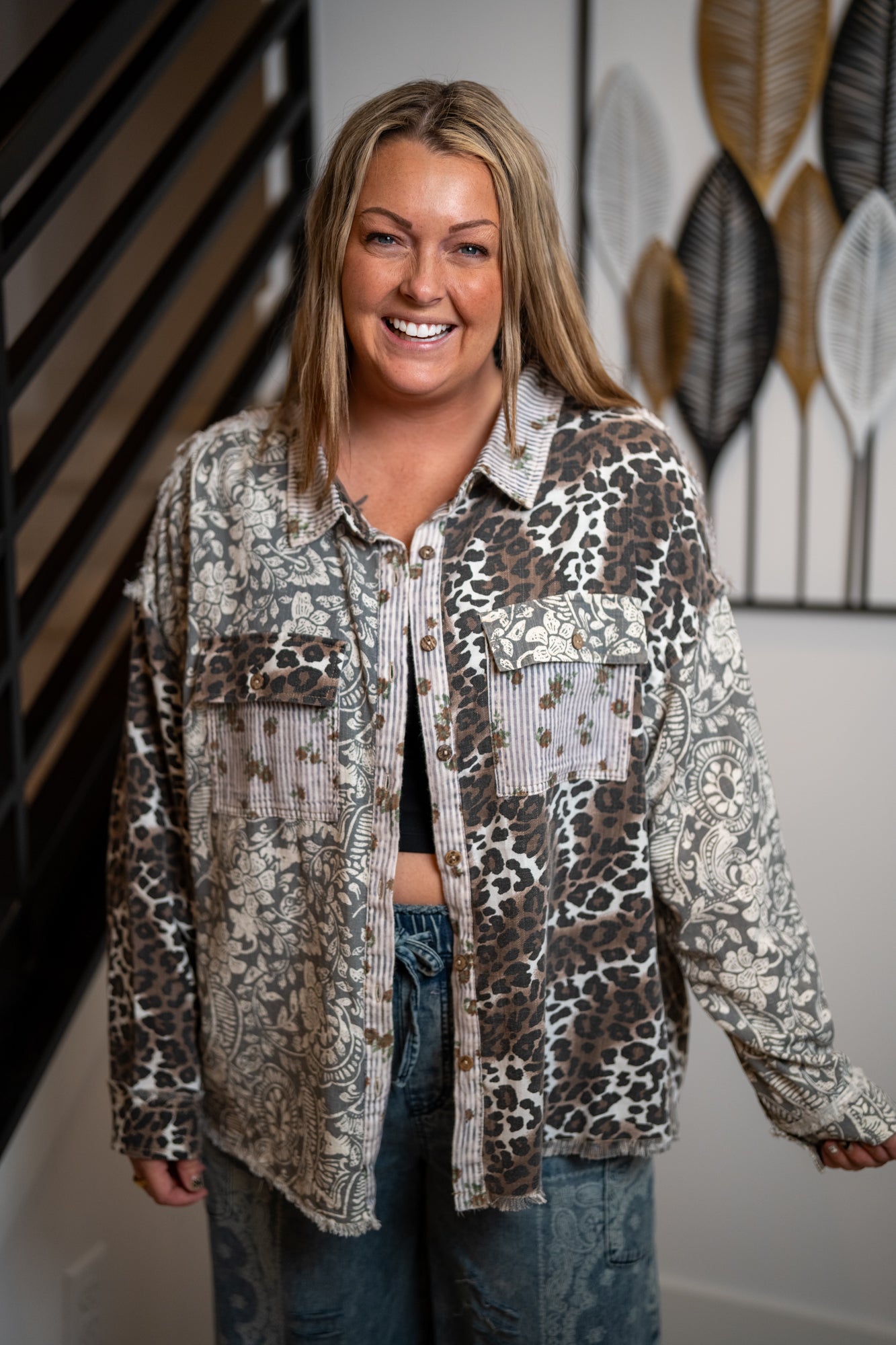 Oli & Hali Washed Paisley Leopard Button Down Shirt