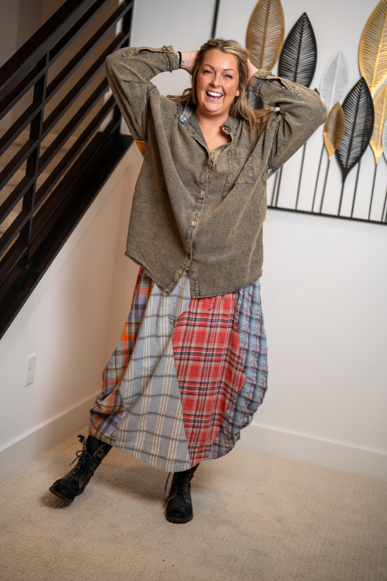 Oli & Hali Washed Plaid Mix Midi Bubble Skirt