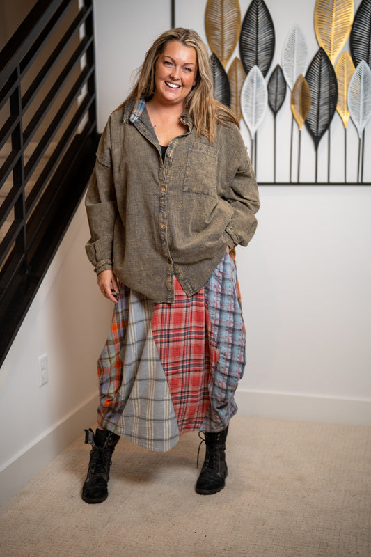 Oli & Hali Washed Plaid Mix Midi Bubble Skirt