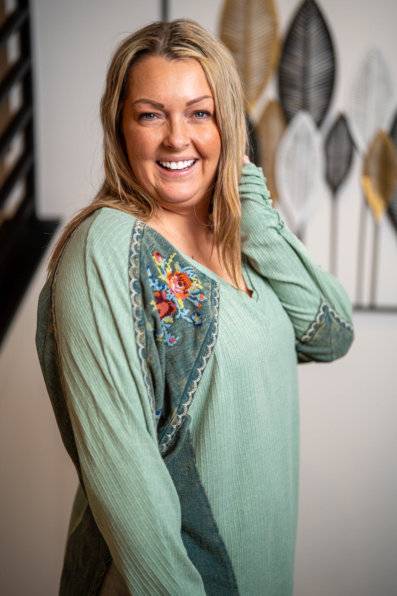 Oli & Hali Washed Floral Embroidered Ruched Sleeve Top in Teal