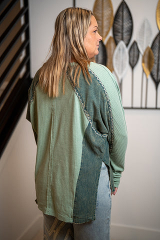 Oli & Hali Washed Floral Embroidered Ruched Sleeve Top in Teal