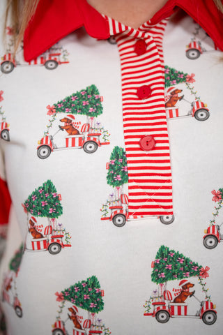 White Christmas jogger set with dachshund car print, red stripe button placket