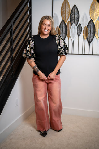 Easel Sequins Puff Sleeves Top