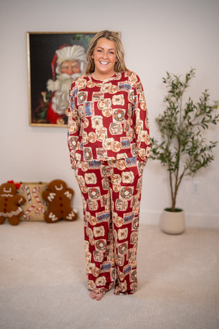 Rareraw red vintage Christmas print long sleeve pajama set with matching pants