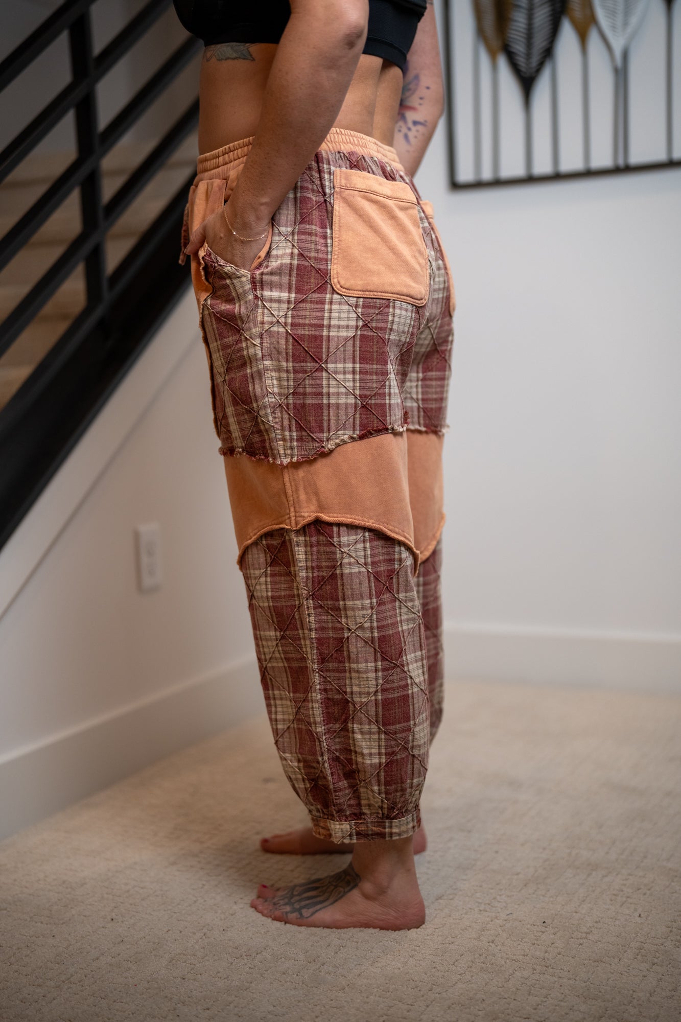 Oli & Hali Washed Plaid Mixed Terry Quilted Detail Pants – Taupe