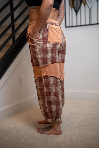 Oli & Hali Washed Plaid Mixed Terry Quilted Detail Pants – Taupe