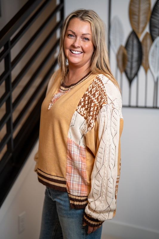 Oli & Hali Washed Fabric Mix Sweater Top in Coffee