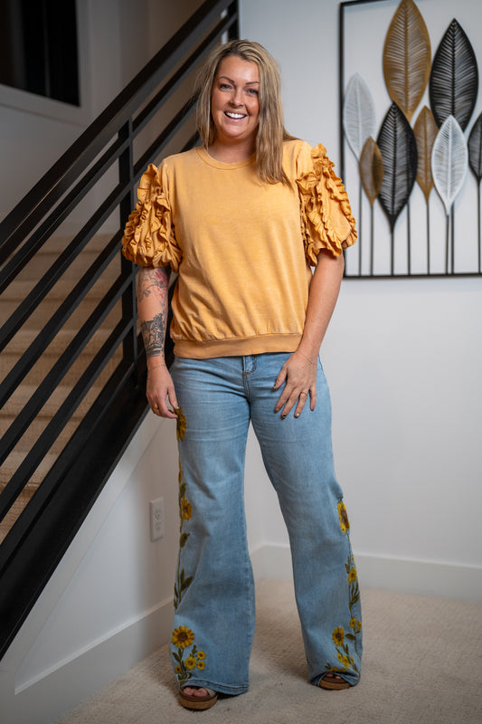 Easel Ruffled Sleeve Mineral Washed Top