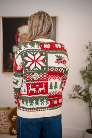 Mello Christmas Road Trip Sweater in red, green, and white holiday patchwork knit pattern