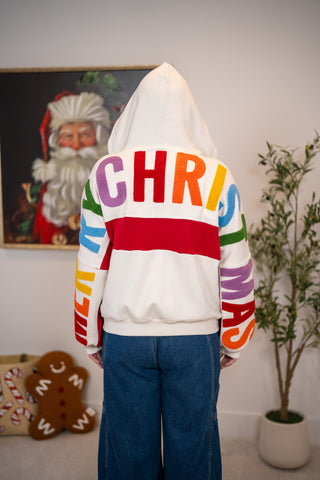 White zip-up hoodie with multicolor Merry Christmas letter patches and red stripe