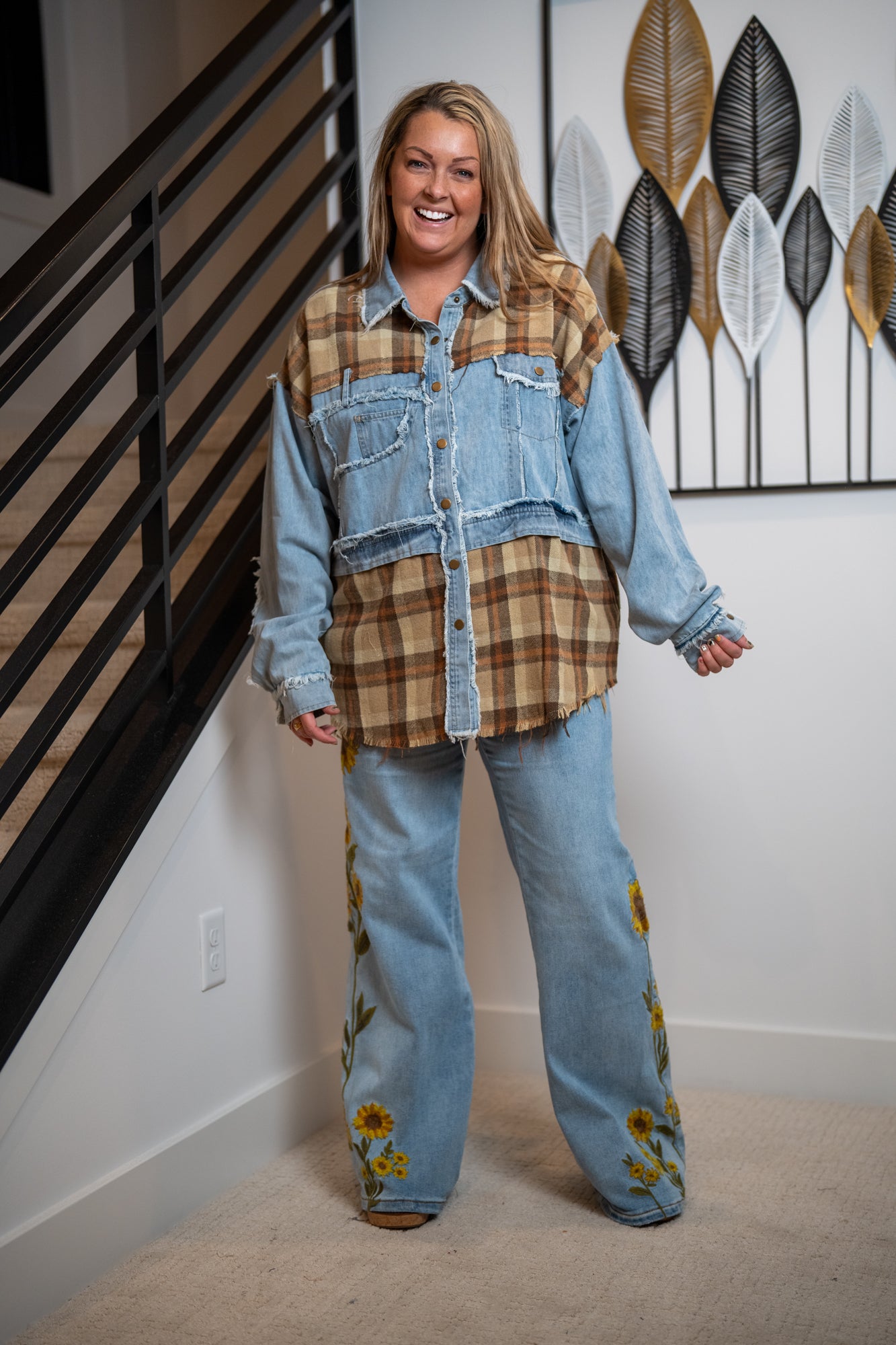 Oli & Hali - Washed Plaid Denim Mix Button Down Shacket