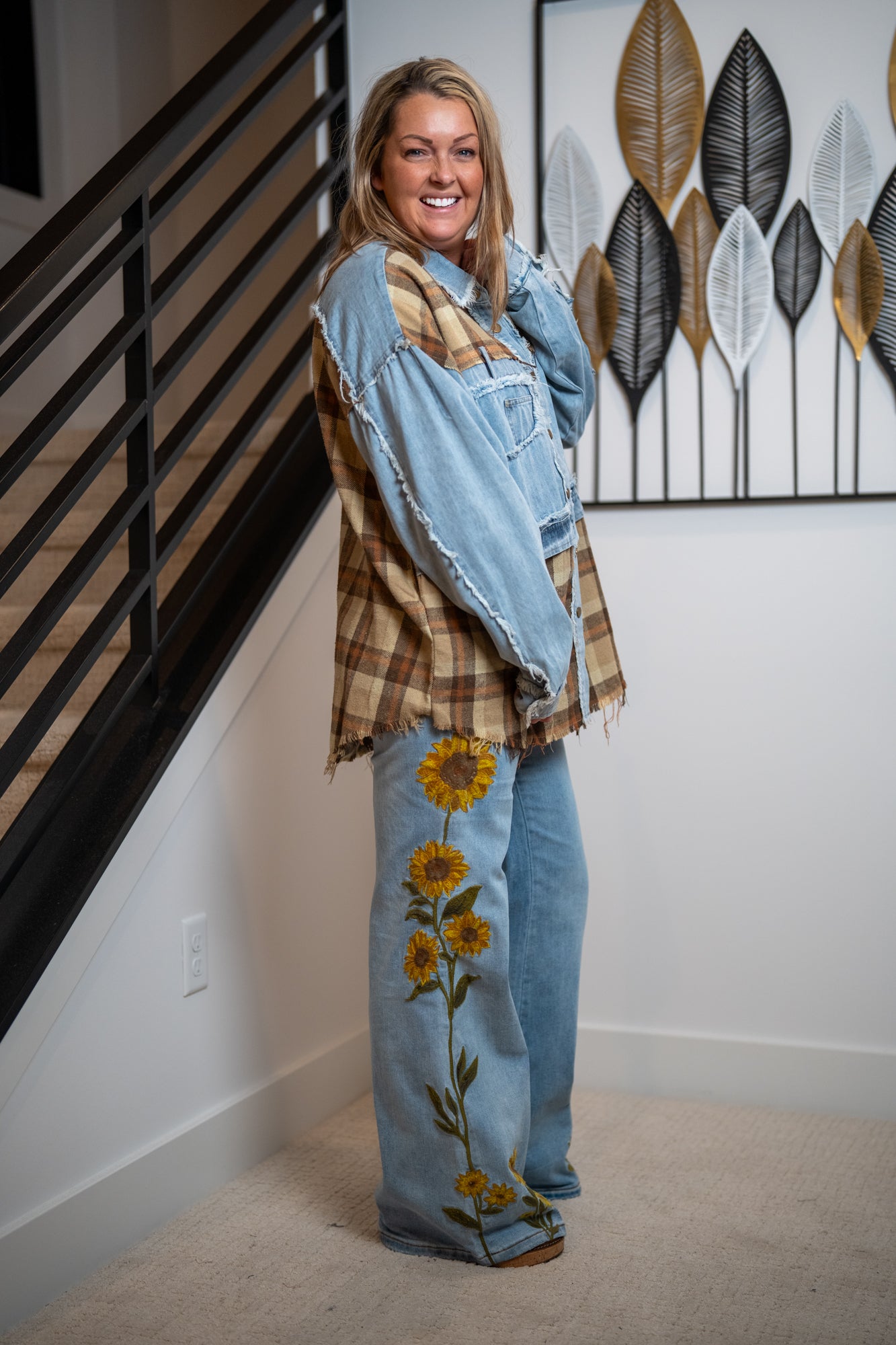 Oli & Hali - Washed Plaid Denim Mix Button Down Shacket