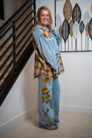 Oli & Hali - Washed Plaid Denim Mix Button Down Shacket